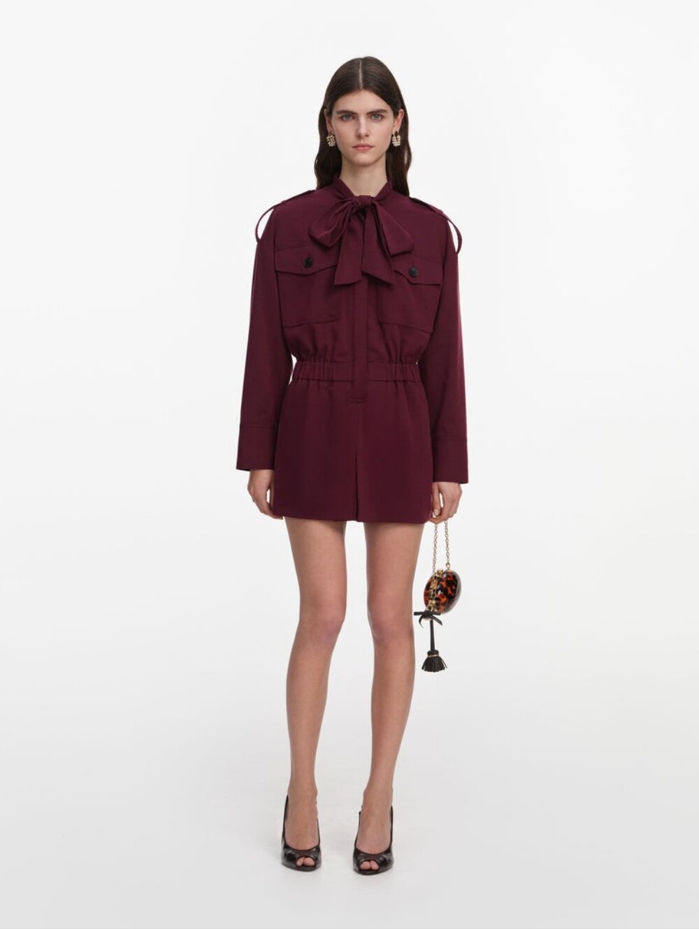 Self Portrait Plum Twill Tie Neck Playsuit